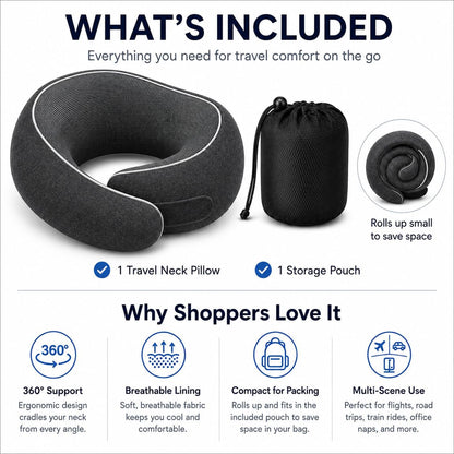 Travel Neck Pillow for Airplanes, Pure Memory Foam Neck Pillow with Washable Cover and Storage Bag, Ergonomic 360° Support for Sleeping, Car, Office, Home, Black