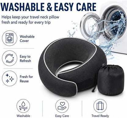 Travel Neck Pillow for Airplanes, Pure Memory Foam Neck Pillow with Washable Cover and Storage Bag, Ergonomic 360° Support for Sleeping, Car, Office, Home, Black