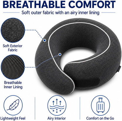 Travel Neck Pillow for Airplanes, Pure Memory Foam Neck Pillow with Washable Cover and Storage Bag, Ergonomic 360° Support for Sleeping, Car, Office, Home, Black