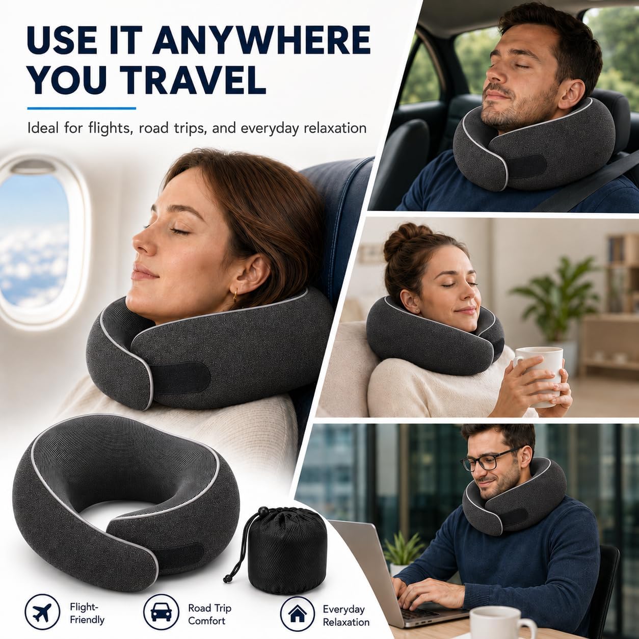 Travel Neck Pillow for Airplanes, Pure Memory Foam Neck Pillow with Washable Cover and Storage Bag, Ergonomic 360° Support for Sleeping, Car, Office, Home, Black