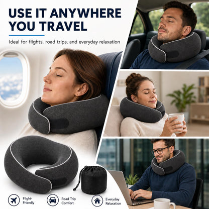 Travel Neck Pillow for Airplanes, Pure Memory Foam Neck Pillow with Washable Cover and Storage Bag, Ergonomic 360° Support for Sleeping, Car, Office, Home, Black