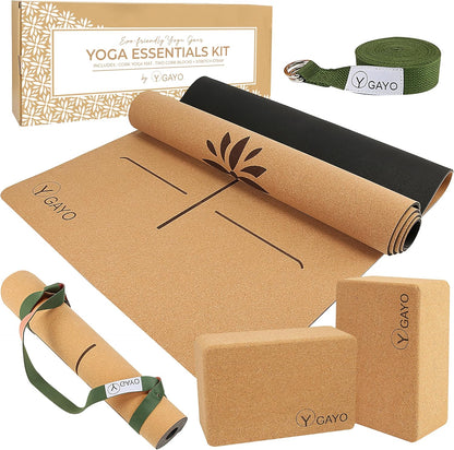 Premium Cork All-in-One Yoga Essentials Kit -Large Cork Yoga Mat 5mm and Blocks Set with Carry Strap and Alignment lines, 10ft Stretch Strap, Your Ultimate Yoga Starter Set