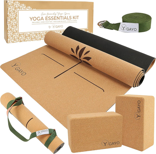 Premium Cork All-in-One Yoga Essentials Kit -Large Cork Yoga Mat 5mm and Blocks Set with Carry Strap and Alignment lines, 10ft Stretch Strap, Your Ultimate Yoga Starter Set