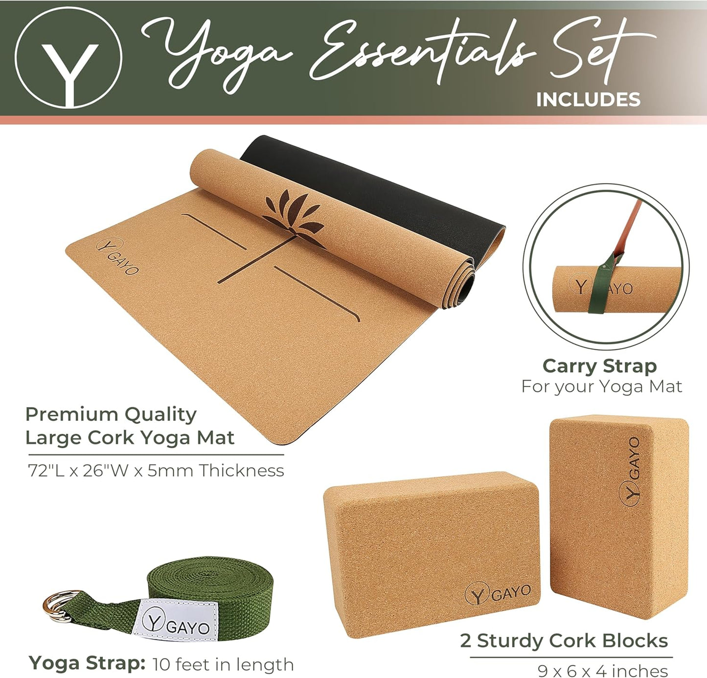 Premium Cork All-in-One Yoga Essentials Kit -Large Cork Yoga Mat 5mm and Blocks Set with Carry Strap and Alignment lines, 10ft Stretch Strap, Your Ultimate Yoga Starter Set