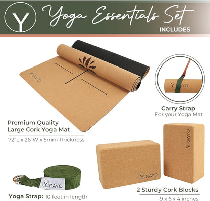 Premium Cork All-in-One Yoga Essentials Kit -Large Cork Yoga Mat 5mm and Blocks Set with Carry Strap and Alignment lines, 10ft Stretch Strap, Your Ultimate Yoga Starter Set