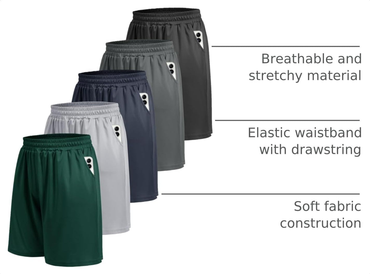 5 Pack Athletic Gym Mens Shorts - Workout Black Quick Dry Basketball Shorts with Pockets for Running Casual Activewear