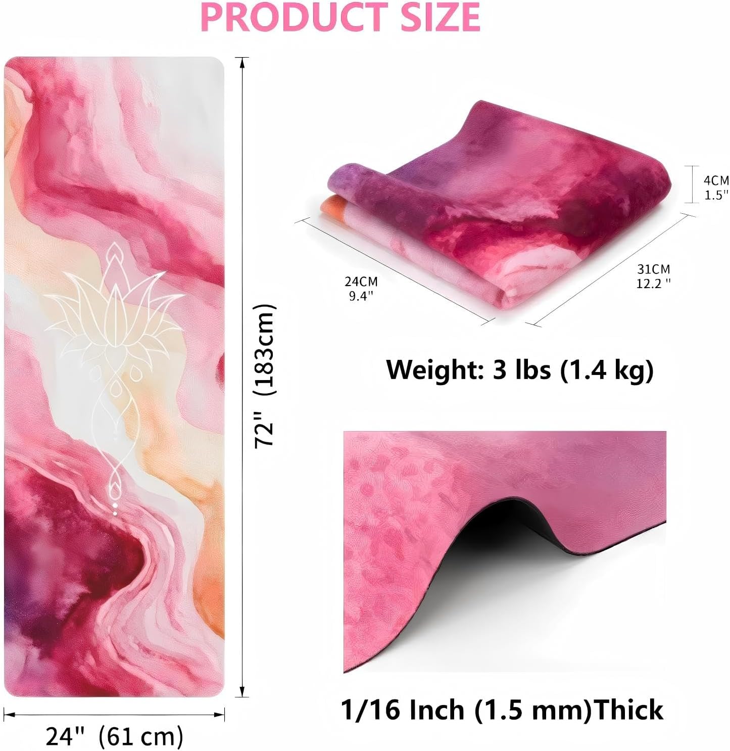 Travel Suede Yoga Mat 1.5mm Thick Non Slip Foldable Lightweigh Sweat Absorbent Exercise Mat for Hot Yoga Pilates Home Gym Outdoor, 72"L x 24"W, 3 lbs