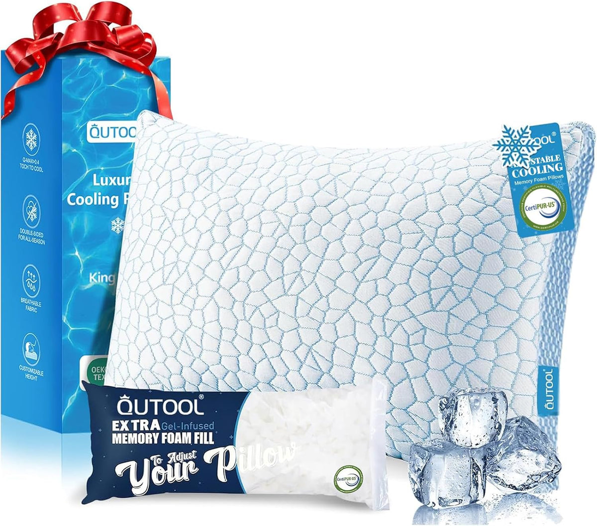Cooling Pillow for Sleeping, CertiPUR-US Shredded Memory Foam Queen Pillows Set of 2, Cool Pillow for Hot Sleepers Adjustable Firm Pillow for Side, Back, Stomach Sleepers Soft Yet Support,White