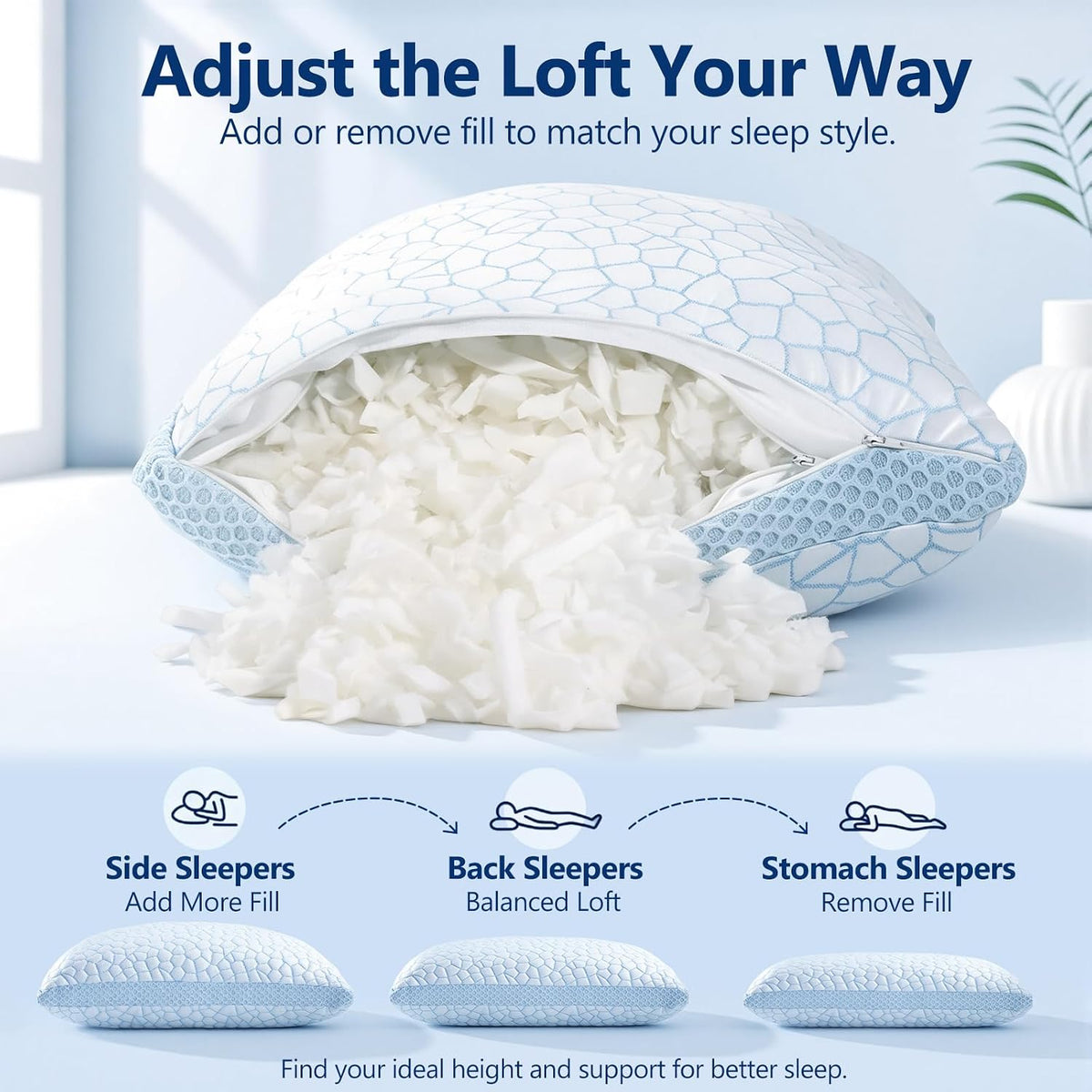 Cooling Pillow for Sleeping, CertiPUR-US Shredded Memory Foam Queen Pillows Set of 2, Cool Pillow for Hot Sleepers Adjustable Firm Pillow for Side, Back, Stomach Sleepers Soft Yet Support,White