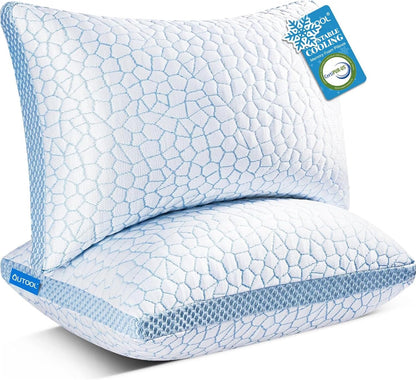 Cooling Pillow for Sleeping, CertiPUR-US Shredded Memory Foam Queen Pillows Set of 2, Cool Pillow for Hot Sleepers Adjustable Firm Pillow for Side, Back, Stomach Sleepers Soft Yet Support,White