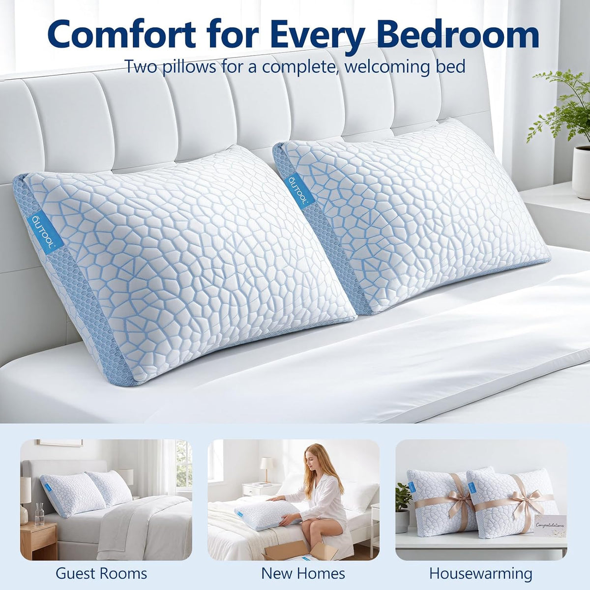 Cooling Pillow for Sleeping, CertiPUR-US Shredded Memory Foam Queen Pillows Set of 2, Cool Pillow for Hot Sleepers Adjustable Firm Pillow for Side, Back, Stomach Sleepers Soft Yet Support,White