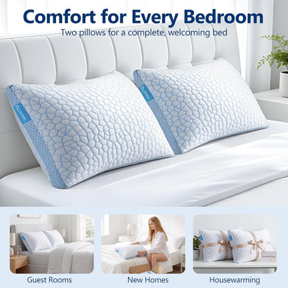 Cooling Pillow for Sleeping, CertiPUR-US Shredded Memory Foam Queen Pillows Set of 2, Cool Pillow for Hot Sleepers Adjustable Firm Pillow for Side, Back, Stomach Sleepers Soft Yet Support,White