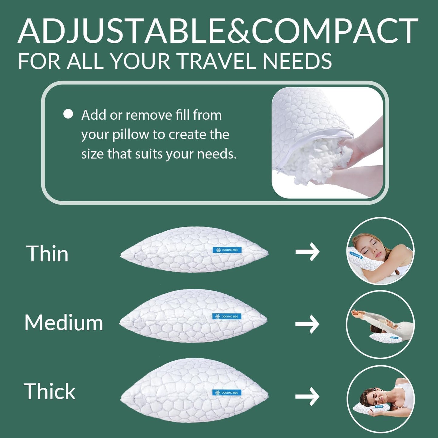 Cooling Pillow for Sleeping, CertiPUR-US Shredded Memory Foam Queen Pillows Set of 2, Cool Pillow for Hot Sleepers Adjustable Firm Pillow for Side, Back, Stomach Sleepers Soft Yet Support,White