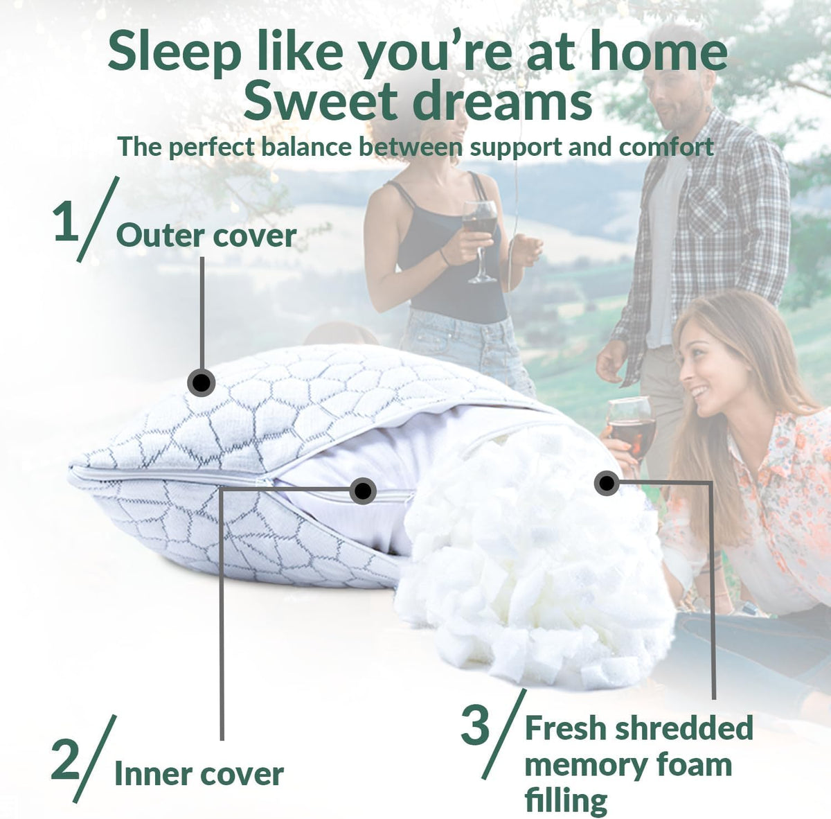 Cooling Pillow for Sleeping, CertiPUR-US Shredded Memory Foam Queen Pillows Set of 2, Cool Pillow for Hot Sleepers Adjustable Firm Pillow for Side, Back, Stomach Sleepers Soft Yet Support,White