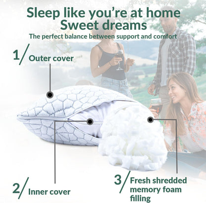 Cooling Pillow for Sleeping, CertiPUR-US Shredded Memory Foam Queen Pillows Set of 2, Cool Pillow for Hot Sleepers Adjustable Firm Pillow for Side, Back, Stomach Sleepers Soft Yet Support,White
