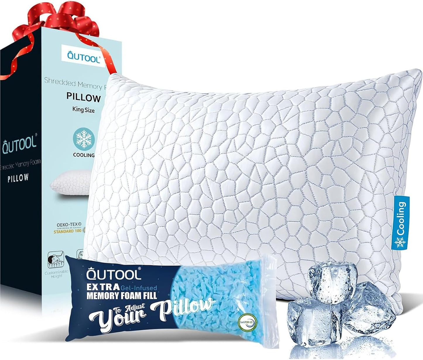 Cooling Pillow for Sleeping, CertiPUR-US Shredded Memory Foam Queen Pillows Set of 2, Cool Pillow for Hot Sleepers Adjustable Firm Pillow for Side, Back, Stomach Sleepers Soft Yet Support,White