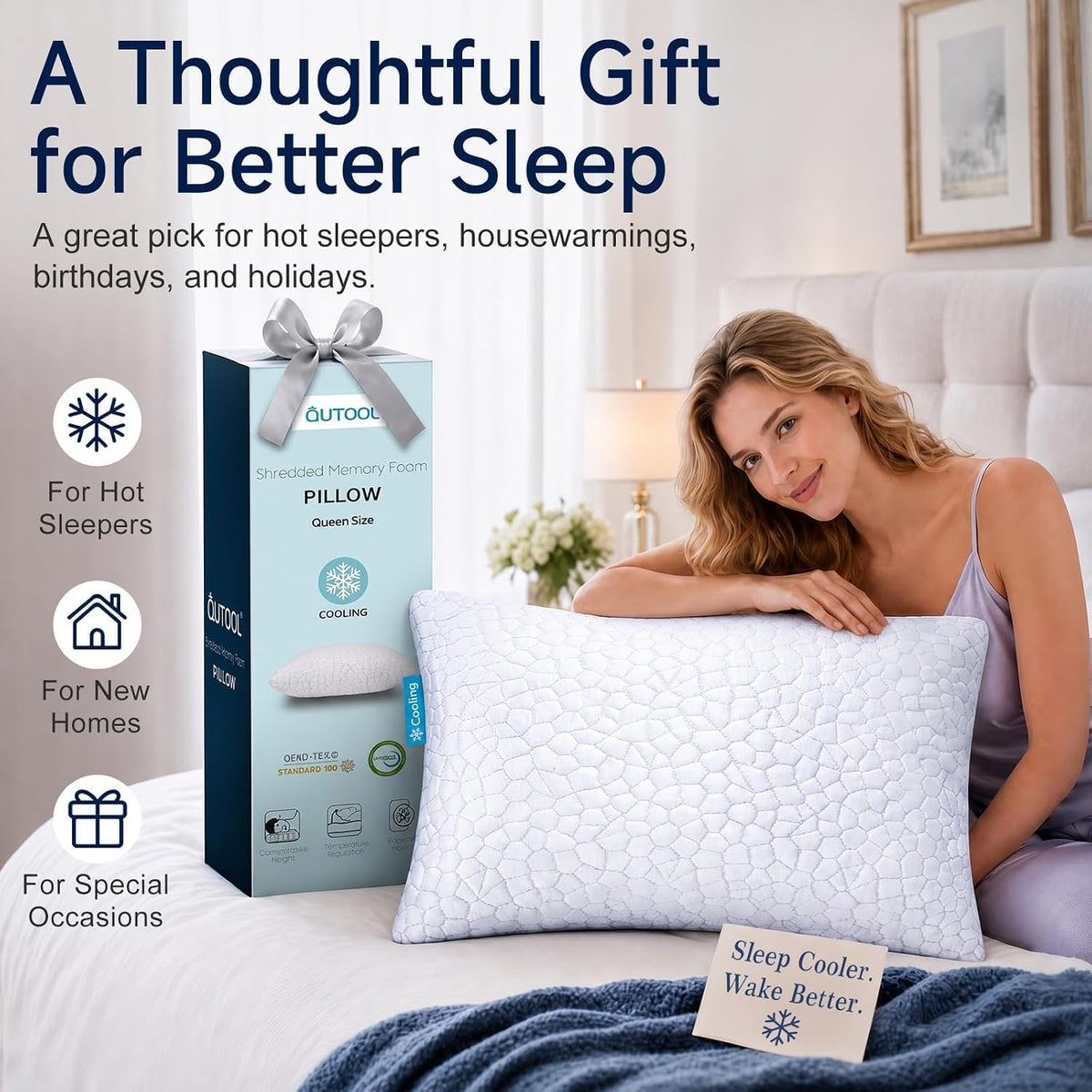 Cooling Pillow for Sleeping, CertiPUR-US Shredded Memory Foam Queen Pillows Set of 2, Cool Pillow for Hot Sleepers Adjustable Firm Pillow for Side, Back, Stomach Sleepers Soft Yet Support,White