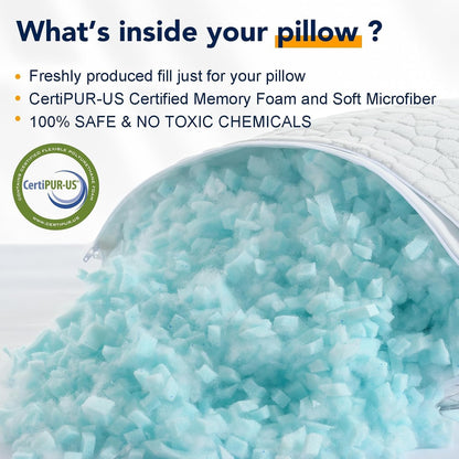 Cooling Pillow for Sleeping, CertiPUR-US Shredded Memory Foam Queen Pillows Set of 2, Cool Pillow for Hot Sleepers Adjustable Firm Pillow for Side, Back, Stomach Sleepers Soft Yet Support,White