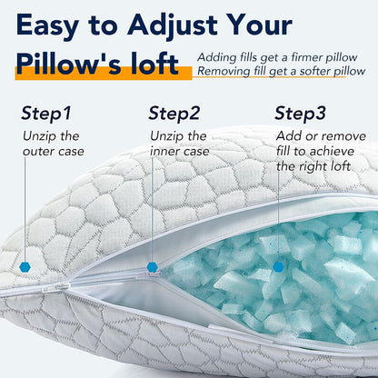 Cooling Pillow for Sleeping, CertiPUR-US Shredded Memory Foam Queen Pillows Set of 2, Cool Pillow for Hot Sleepers Adjustable Firm Pillow for Side, Back, Stomach Sleepers Soft Yet Support,White