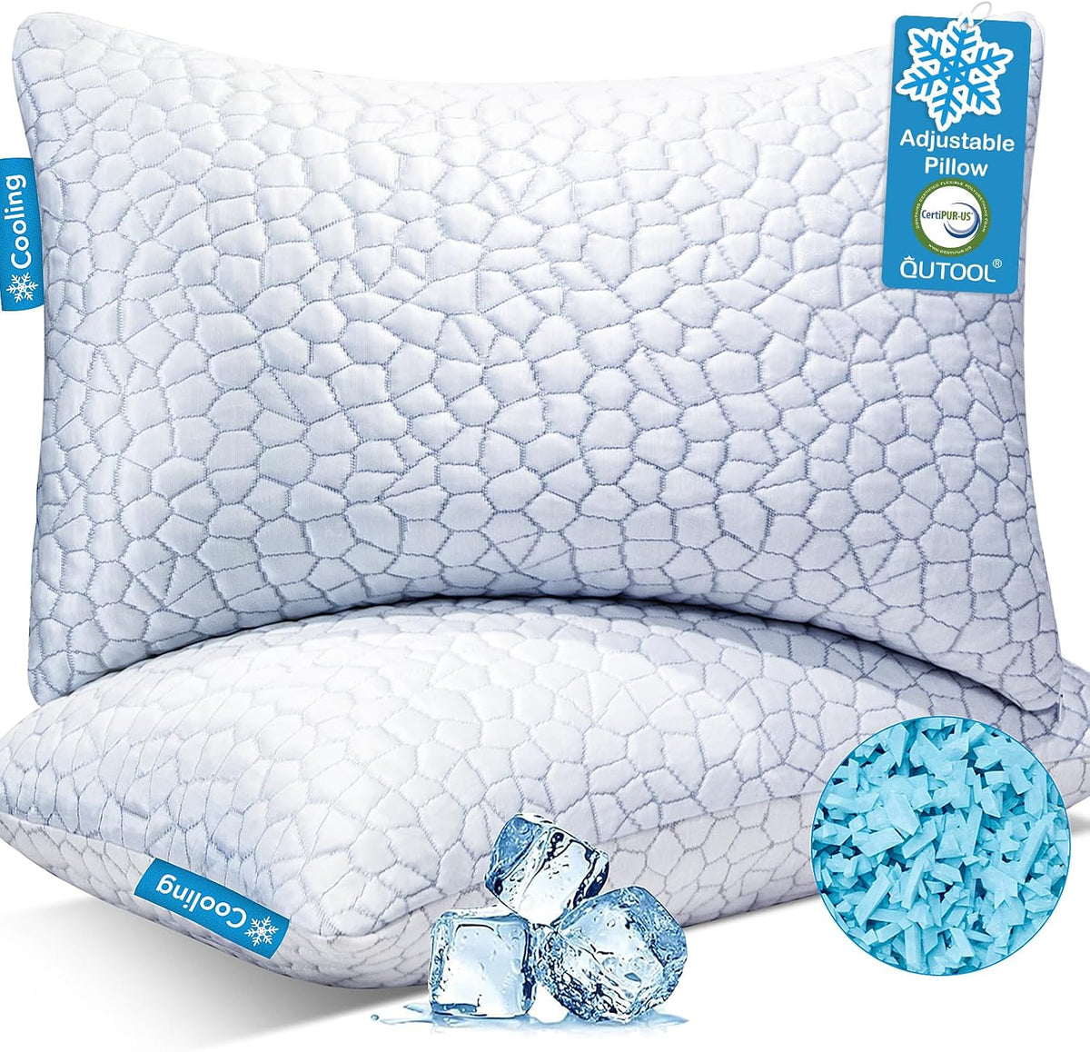 Cooling Pillow for Sleeping, CertiPUR-US Shredded Memory Foam Queen Pillows Set of 2, Cool Pillow for Hot Sleepers Adjustable Firm Pillow for Side, Back, Stomach Sleepers Soft Yet Support,White