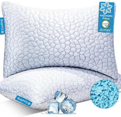 Cooling Pillow for Sleeping, CertiPUR-US Shredded Memory Foam Queen Pillows Set of 2, Cool Pillow for Hot Sleepers Adjustable Firm Pillow for Side, Back, Stomach Sleepers Soft Yet Support,White