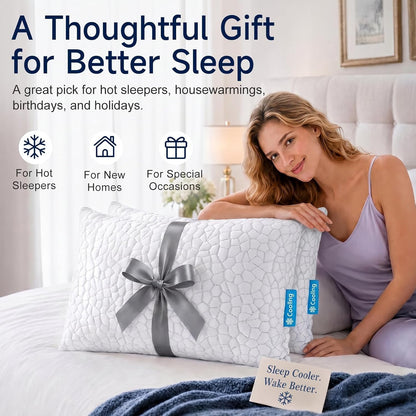 Cooling Pillow for Sleeping, CertiPUR-US Shredded Memory Foam Queen Pillows Set of 2, Cool Pillow for Hot Sleepers Adjustable Firm Pillow for Side, Back, Stomach Sleepers Soft Yet Support,White