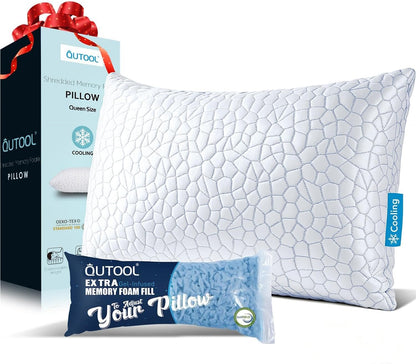 Cooling Pillow for Sleeping, CertiPUR-US Shredded Memory Foam Queen Pillows Set of 2, Cool Pillow for Hot Sleepers Adjustable Firm Pillow for Side, Back, Stomach Sleepers Soft Yet Support,White