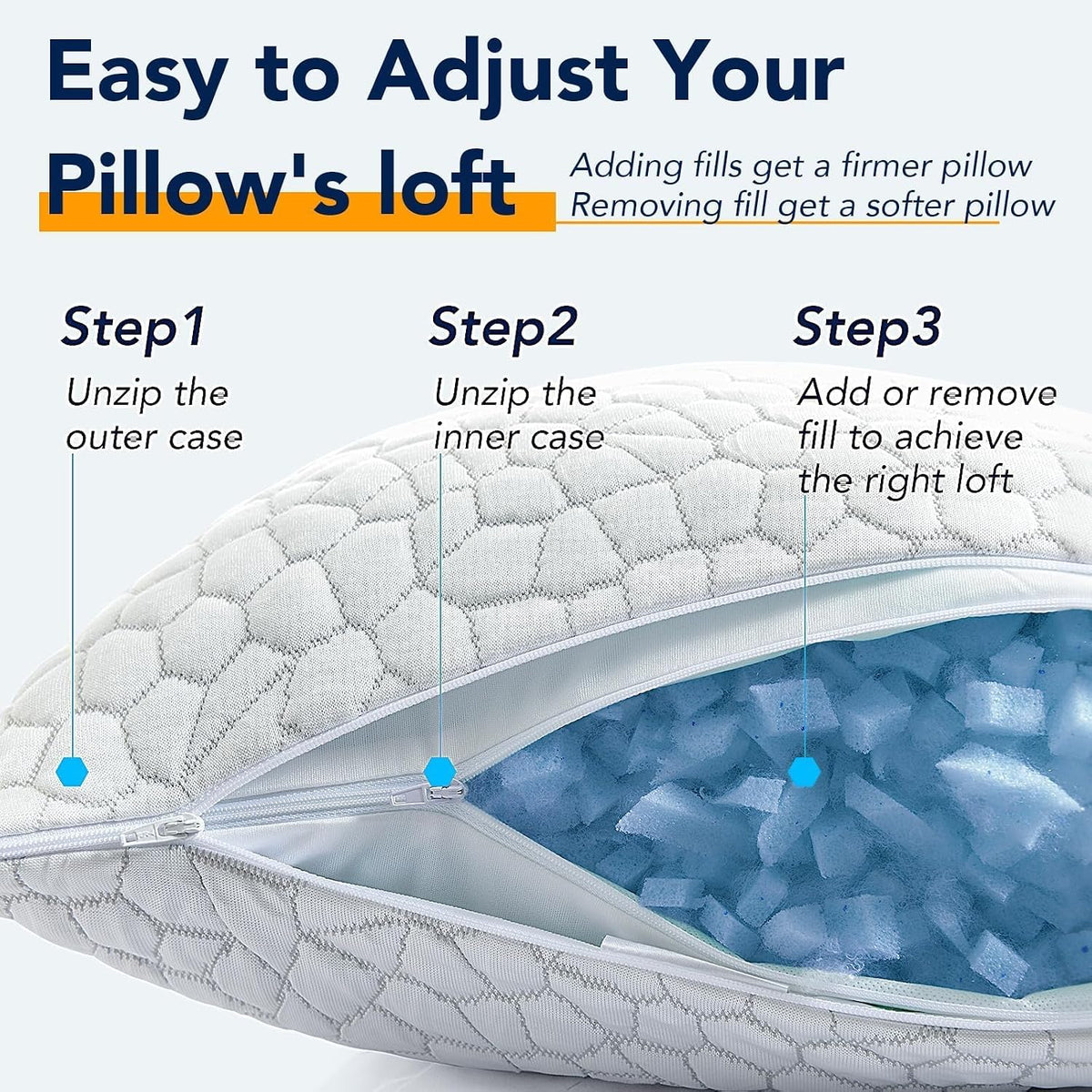 Cooling Pillow for Sleeping, CertiPUR-US Shredded Memory Foam Queen Pillows Set of 2, Cool Pillow for Hot Sleepers Adjustable Firm Pillow for Side, Back, Stomach Sleepers Soft Yet Support,White