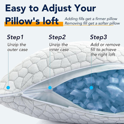 Cooling Pillow for Sleeping, CertiPUR-US Shredded Memory Foam Queen Pillows Set of 2, Cool Pillow for Hot Sleepers Adjustable Firm Pillow for Side, Back, Stomach Sleepers Soft Yet Support,White