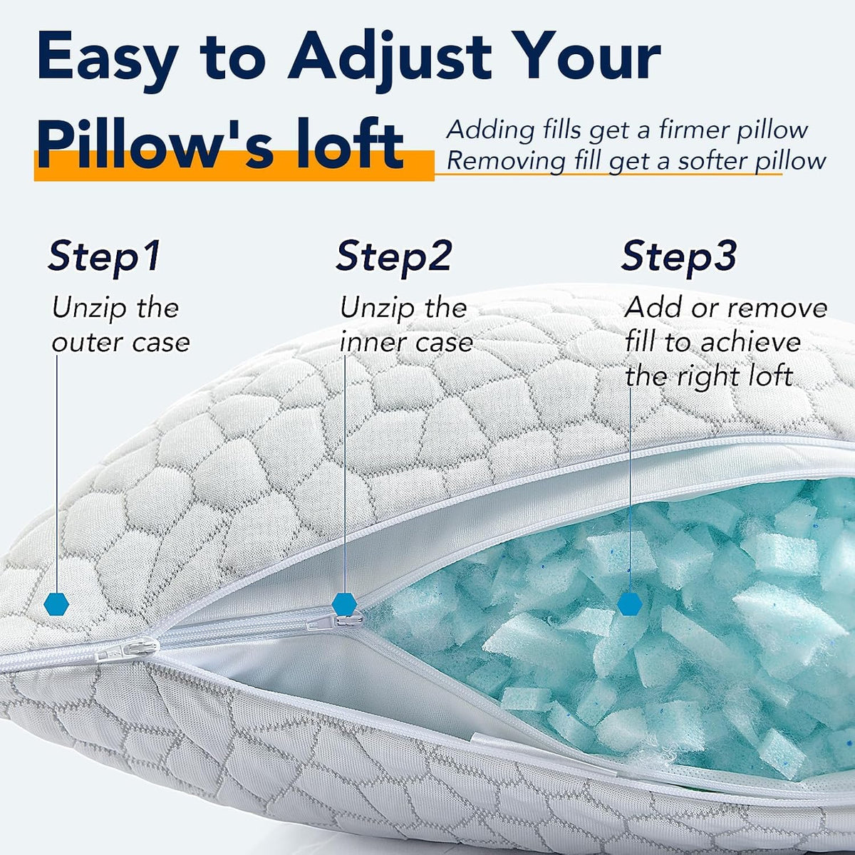 Cooling Pillow for Sleeping, CertiPUR-US Shredded Memory Foam Queen Pillows Set of 2, Cool Pillow for Hot Sleepers Adjustable Firm Pillow for Side, Back, Stomach Sleepers Soft Yet Support,White