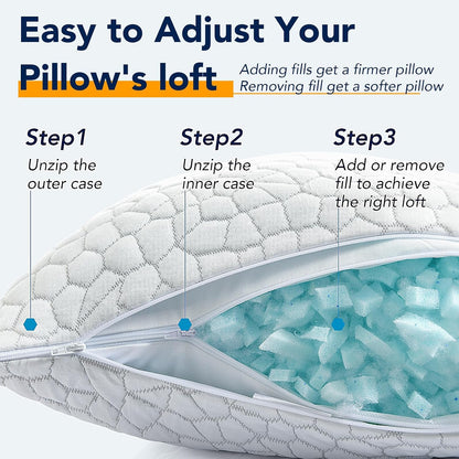 Cooling Pillow for Sleeping, CertiPUR-US Shredded Memory Foam Queen Pillows Set of 2, Cool Pillow for Hot Sleepers Adjustable Firm Pillow for Side, Back, Stomach Sleepers Soft Yet Support,White