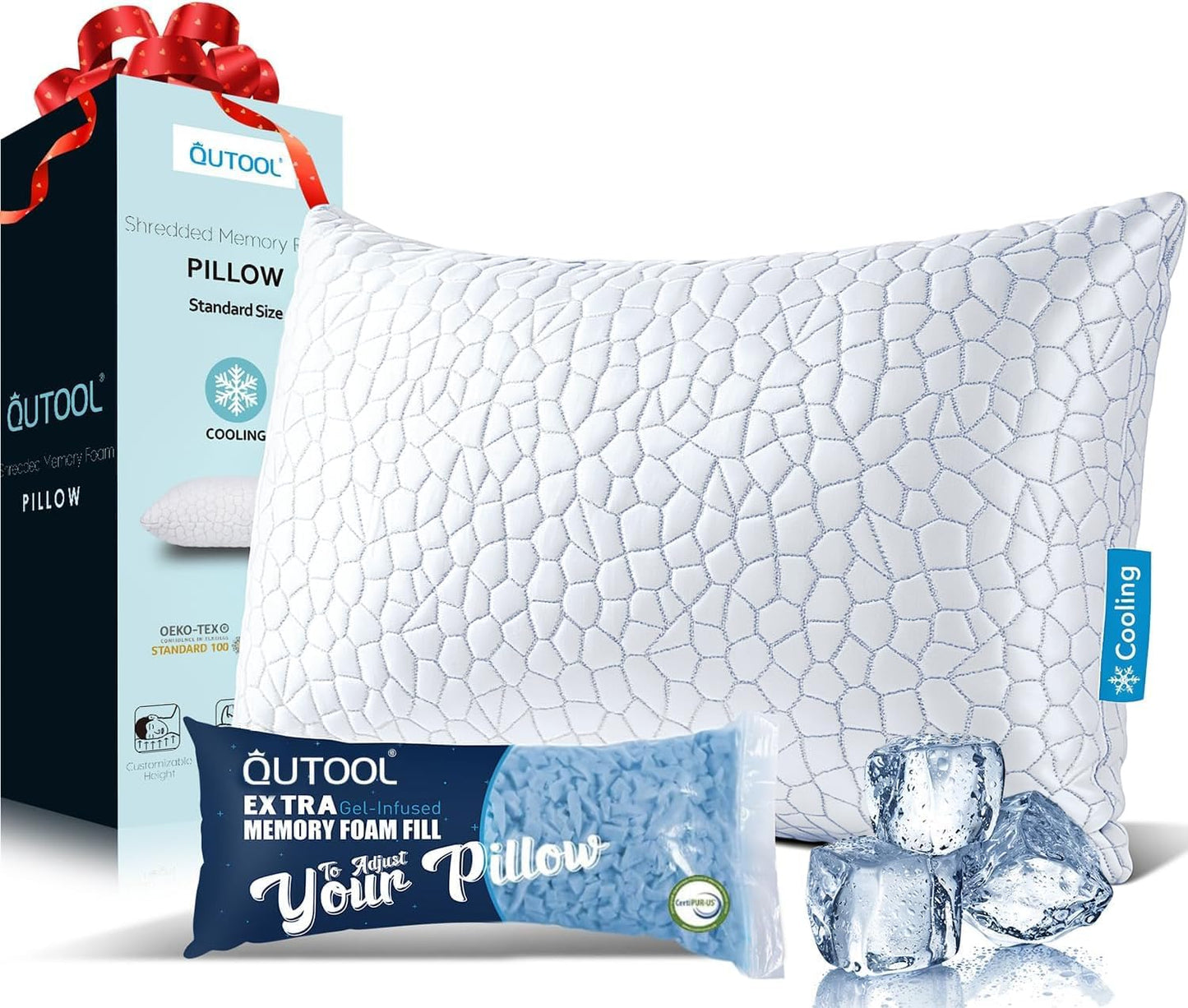 Cooling Pillow for Sleeping, CertiPUR-US Shredded Memory Foam Queen Pillows Set of 2, Cool Pillow for Hot Sleepers Adjustable Firm Pillow for Side, Back, Stomach Sleepers Soft Yet Support,White