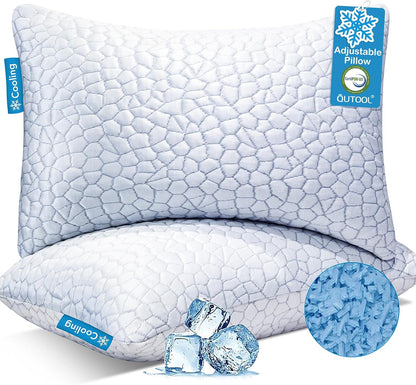 Cooling Pillow for Sleeping, CertiPUR-US Shredded Memory Foam Queen Pillows Set of 2, Cool Pillow for Hot Sleepers Adjustable Firm Pillow for Side, Back, Stomach Sleepers Soft Yet Support,White