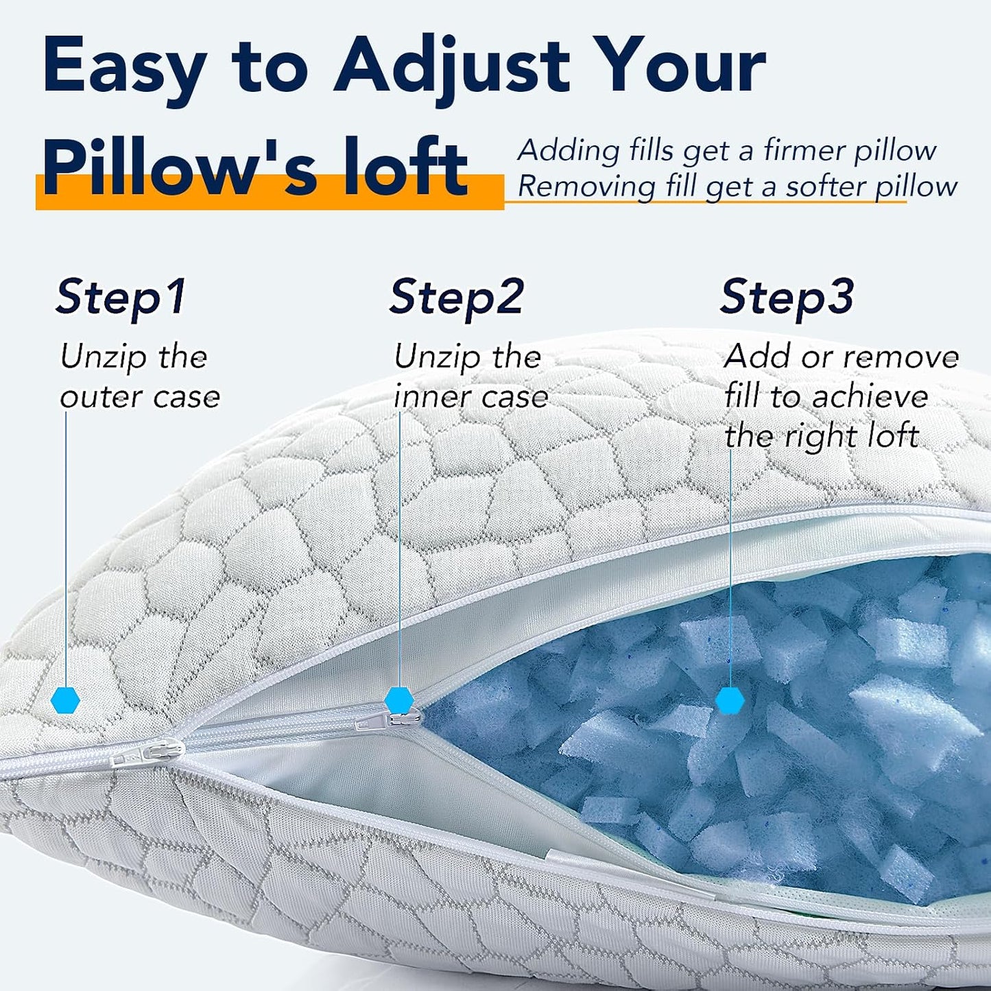 Cooling Pillow for Sleeping, CertiPUR-US Shredded Memory Foam Queen Pillows Set of 2, Cool Pillow for Hot Sleepers Adjustable Firm Pillow for Side, Back, Stomach Sleepers Soft Yet Support,White