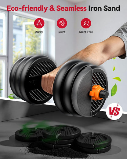 DS2 Adjustable Dumbbells, 20/30/40/45/70/90lbs Free Weight Set with Connector, 5 in1 Dumbbells Set Used as Barbell, Kettlebells, Push up Stand, Weight Plate, Fitness Exercises for Home Gym Suitable Men/Women