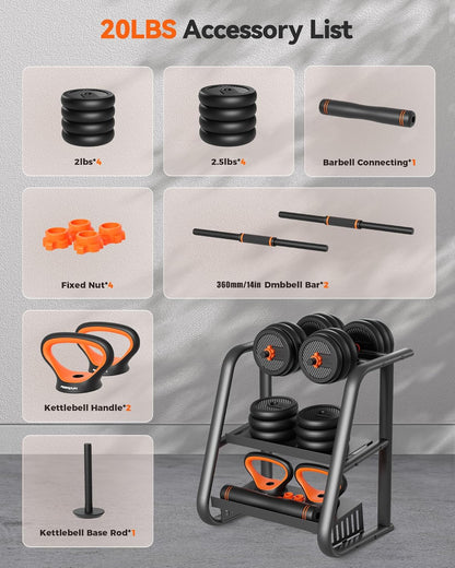 DS2 Adjustable Dumbbells, 20/30/40/45/70/90lbs Free Weight Set with Connector, 5 in1 Dumbbells Set Used as Barbell, Kettlebells, Push up Stand, Weight Plate, Fitness Exercises for Home Gym Suitable Men/Women