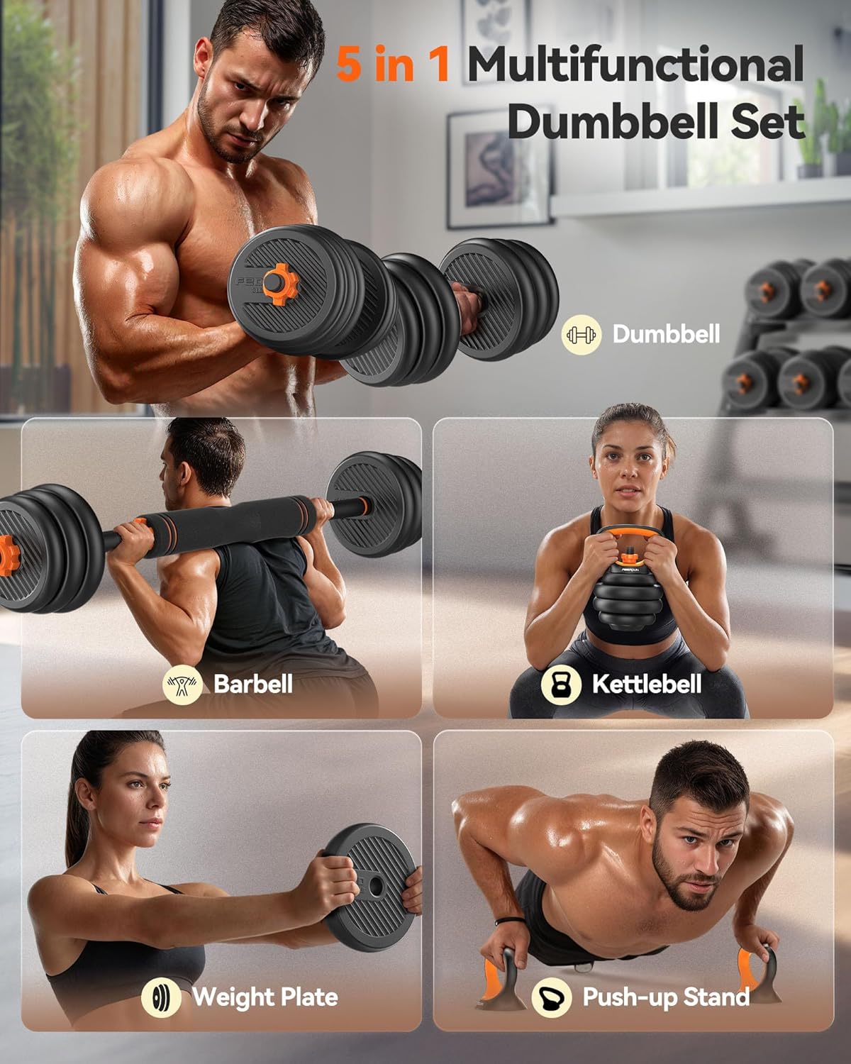 DS2 Adjustable Dumbbells, 20/30/40/45/70/90lbs Free Weight Set with Connector, 5 in1 Dumbbells Set Used as Barbell, Kettlebells, Push up Stand, Weight Plate, Fitness Exercises for Home Gym Suitable Men/Women