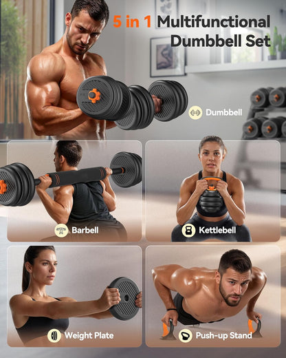 DS2 Adjustable Dumbbells, 20/30/40/45/70/90lbs Free Weight Set with Connector, 5 in1 Dumbbells Set Used as Barbell, Kettlebells, Push up Stand, Weight Plate, Fitness Exercises for Home Gym Suitable Men/Women