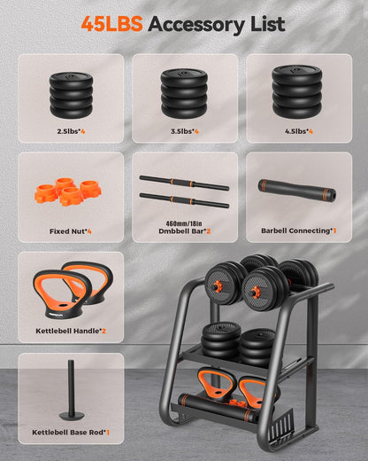 DS2 Adjustable Dumbbells, 20/30/40/45/70/90lbs Free Weight Set with Connector, 5 in1 Dumbbells Set Used as Barbell, Kettlebells, Push up Stand, Weight Plate, Fitness Exercises for Home Gym Suitable Men/Women