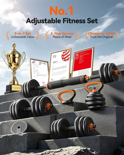 DS2 Adjustable Dumbbells, 20/30/40/45/70/90lbs Free Weight Set with Connector, 5 in1 Dumbbells Set Used as Barbell, Kettlebells, Push up Stand, Weight Plate, Fitness Exercises for Home Gym Suitable Men/Women