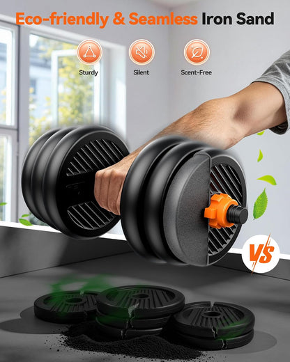 DS2 Adjustable Dumbbells, 20/30/40/45/70/90lbs Free Weight Set with Connector, 5 in1 Dumbbells Set Used as Barbell, Kettlebells, Push up Stand, Weight Plate, Fitness Exercises for Home Gym Suitable Men/Women