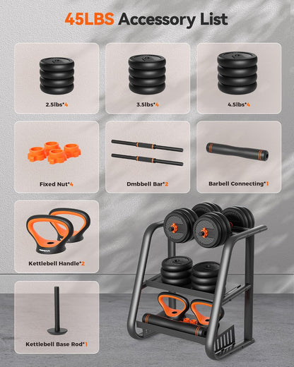 DS2 Adjustable Dumbbells, 20/30/40/45/70/90lbs Free Weight Set with Connector, 5 in1 Dumbbells Set Used as Barbell, Kettlebells, Push up Stand, Weight Plate, Fitness Exercises for Home Gym Suitable Men/Women
