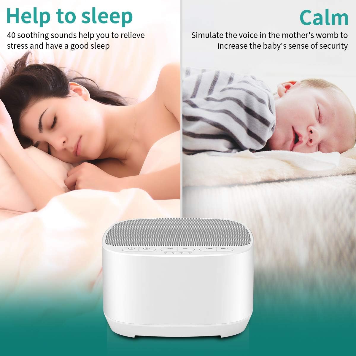 Sleep Sound White Noise Machine with 40 Natural Soothing Sounds and Memory Function 32 Levels of Volume Powered by AC or USB and Sleep Timer Sound Therapy for Baby Kids Adults (B-White)