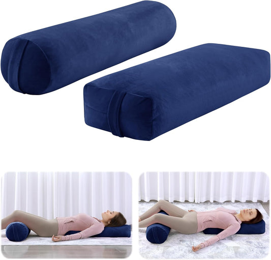 2 Pcs Yoga Bolster Pillow for Restorative Yoga, Rectangular and Cylinder Meditation Pillow Set with Carrying Handles, Supportive Cushion for Exercise Workout Stretching Meditation,Dark Blue