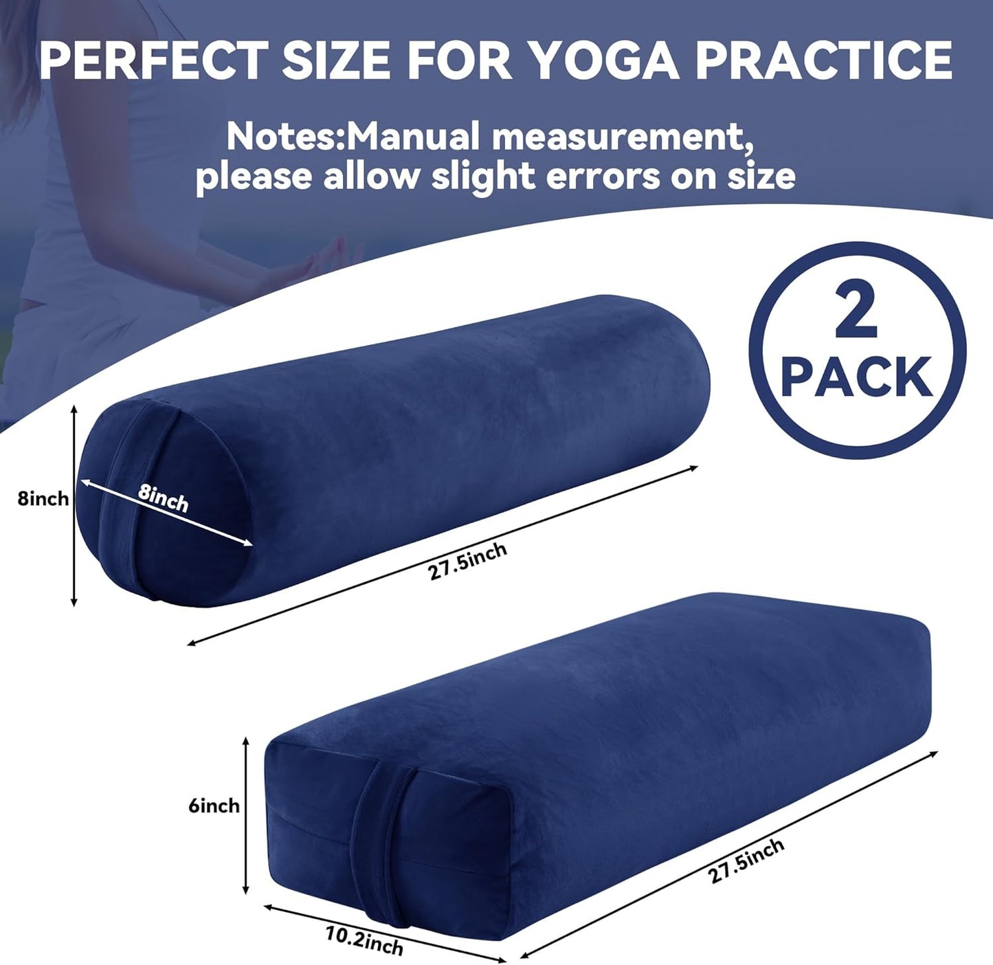 2 Pcs Yoga Bolster Pillow for Restorative Yoga, Rectangular and Cylinder Meditation Pillow Set with Carrying Handles, Supportive Cushion for Exercise Workout Stretching Meditation,Dark Blue