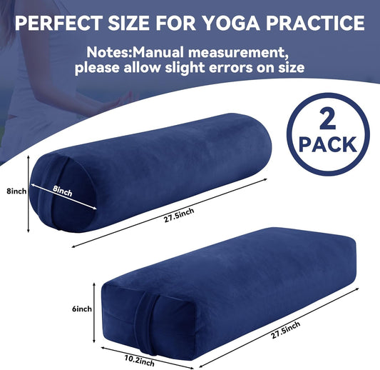 2 Pcs Yoga Bolster Pillow for Restorative Yoga, Rectangular and Cylinder Meditation Pillow Set with Carrying Handles, Supportive Cushion for Exercise Workout Stretching Meditation,Dark Blue