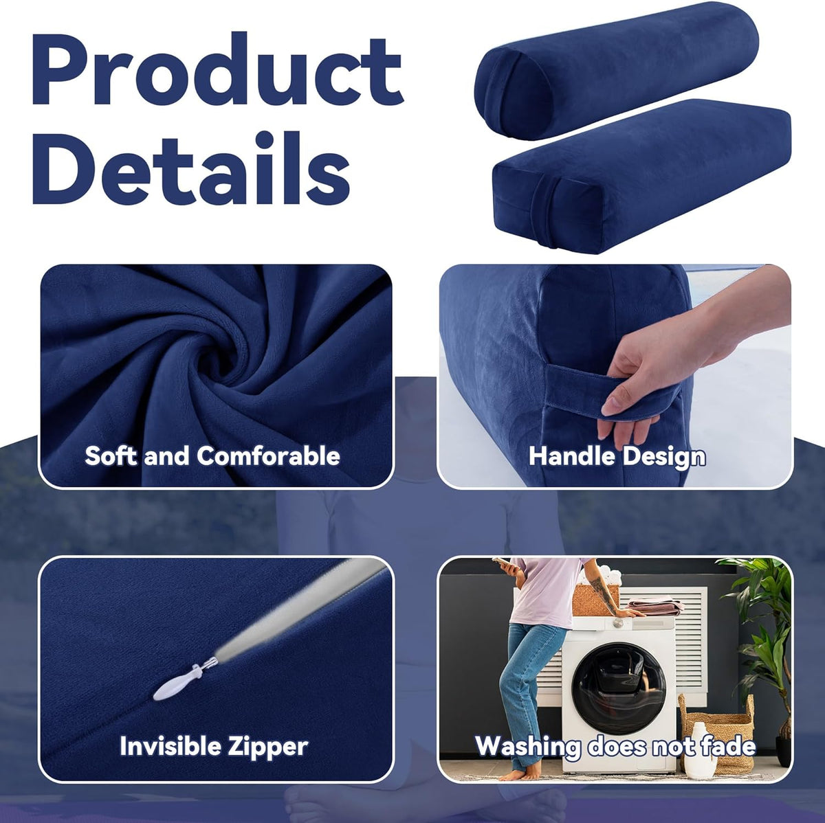 2 Pcs Yoga Bolster Pillow for Restorative Yoga, Rectangular and Cylinder Meditation Pillow Set with Carrying Handles, Supportive Cushion for Exercise Workout Stretching Meditation,Dark Blue