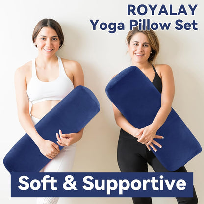 2 Pcs Yoga Bolster Pillow for Restorative Yoga, Rectangular and Cylinder Meditation Pillow Set with Carrying Handles, Supportive Cushion for Exercise Workout Stretching Meditation,Dark Blue