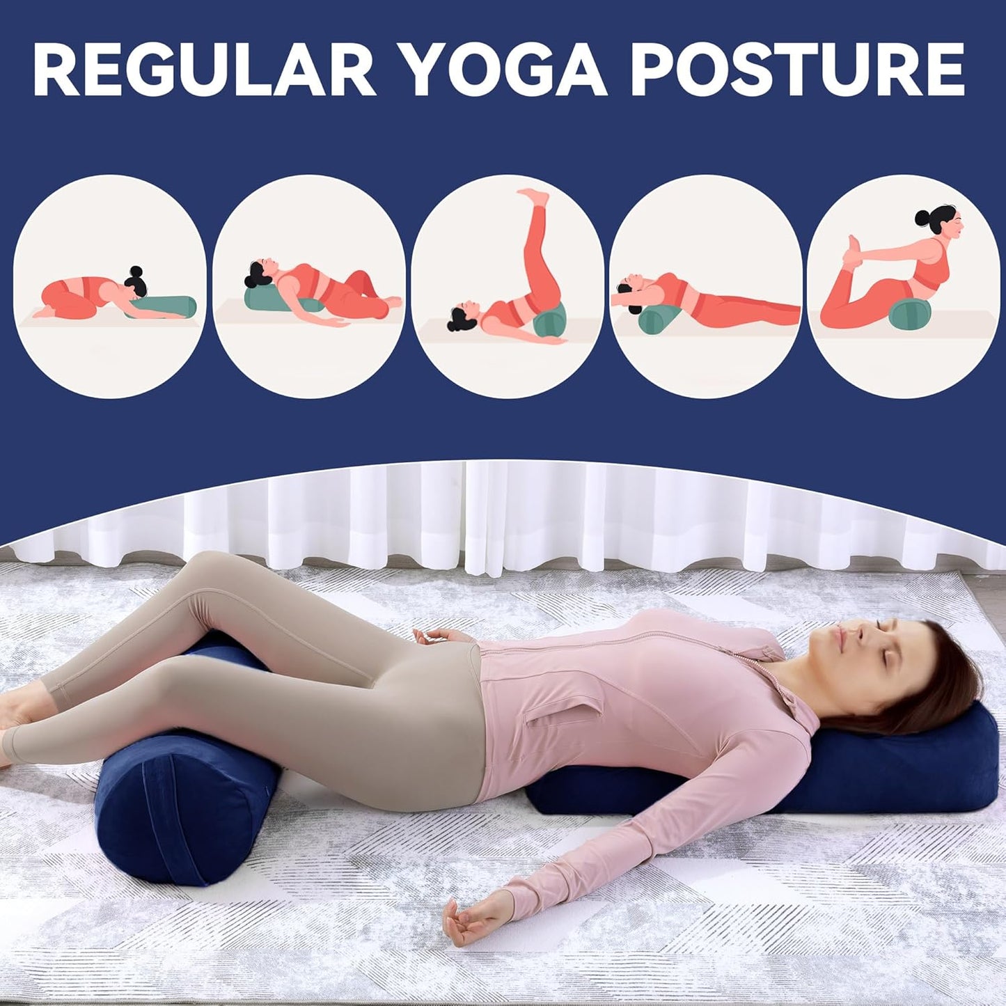 2 Pcs Yoga Bolster Pillow for Restorative Yoga, Rectangular and Cylinder Meditation Pillow Set with Carrying Handles, Supportive Cushion for Exercise Workout Stretching Meditation,Dark Blue