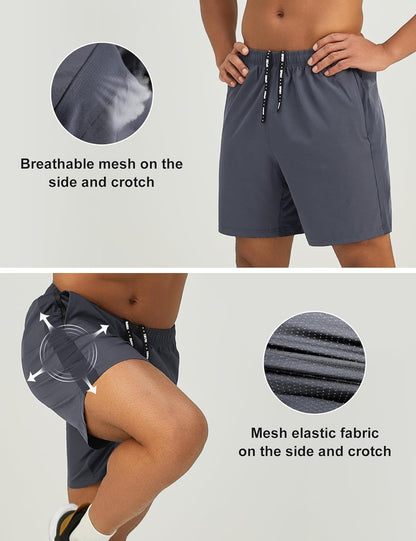 Mens 7'' Lightweight Athletic Shorts Quick Dry Gym Workout Running Shorts with Zipper Pockets